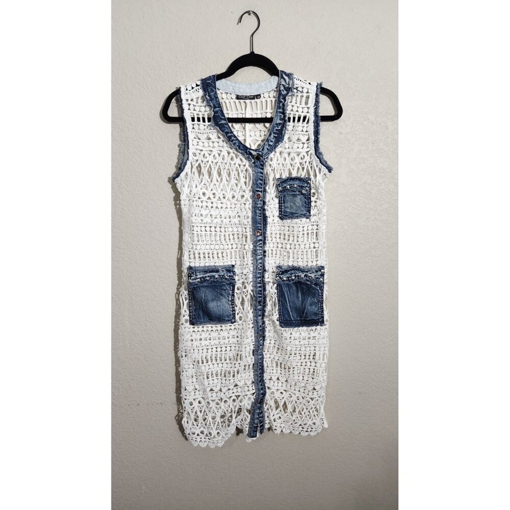 Dor Dor Couture Long Vest Womens Medium Crochet Denim Studded Boho Festival